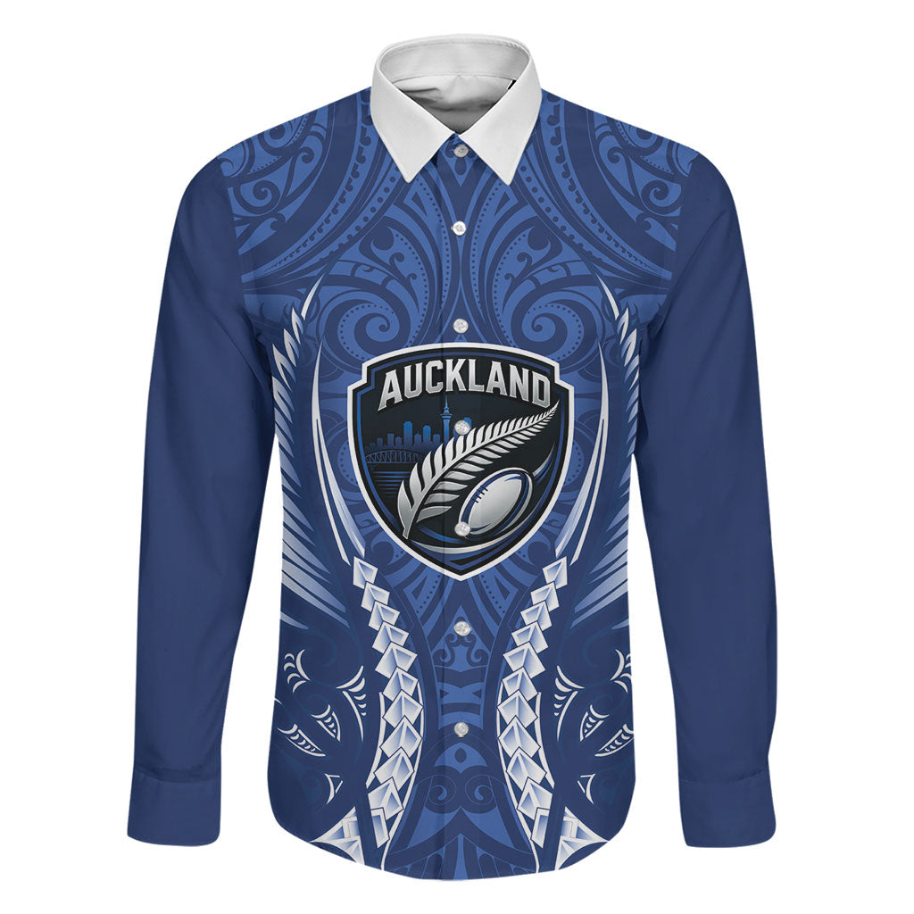 Auckland 2026 Rugby Custom Family Matching Puletasi and Hawaiian Shirt NZ Maori Silver Fern LT14 Dad's Shirt - Long Sleeve Blue - Polynesian Pride