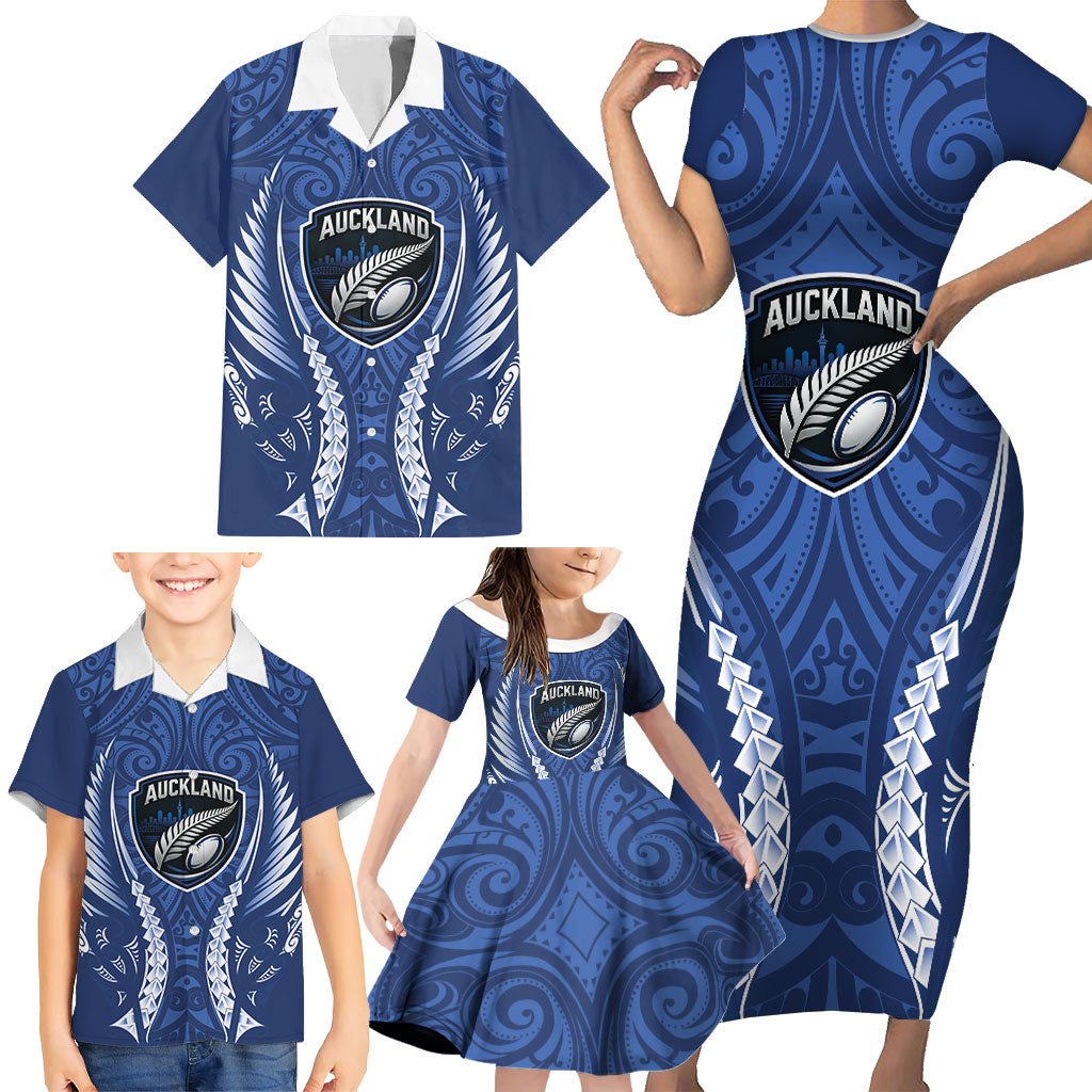 Auckland 2026 Rugby Custom Family Matching Short Sleeve Bodycon Dress and Hawaiian Shirt NZ Maori Silver Fern