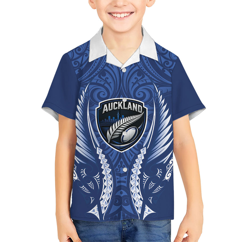 Auckland 2026 Rugby Custom Family Matching Tank Maxi Dress and Hawaiian Shirt NZ Maori Silver Fern LT14 Son's Shirt Blue - Polynesian Pride