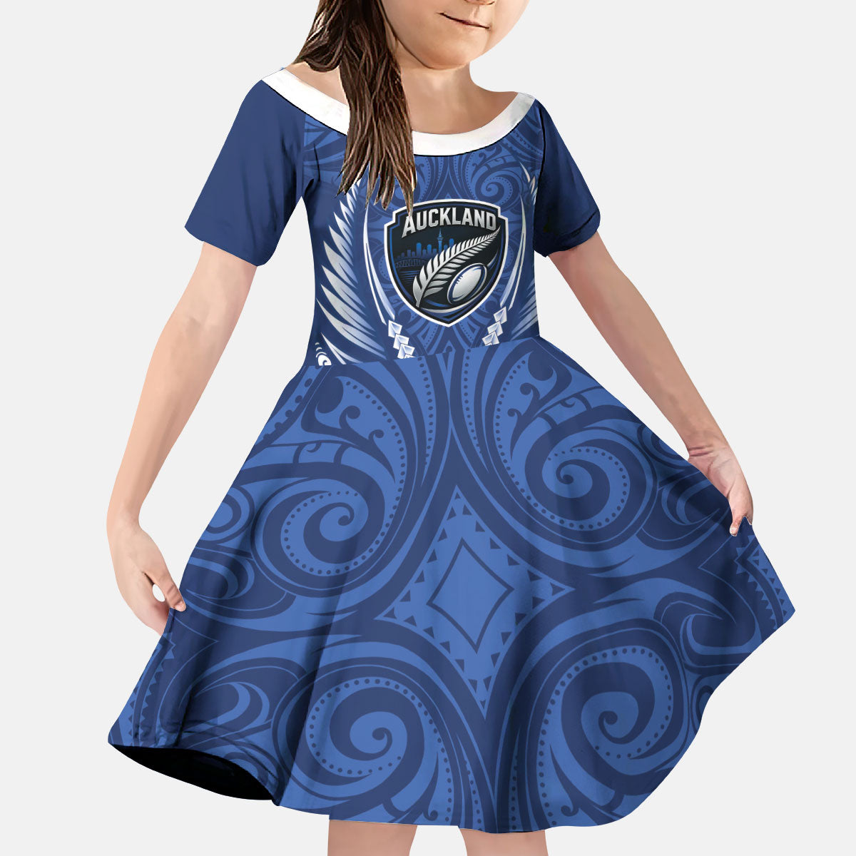 Auckland 2026 Rugby Custom Kid Short Sleeve Dress NZ Maori Silver Fern