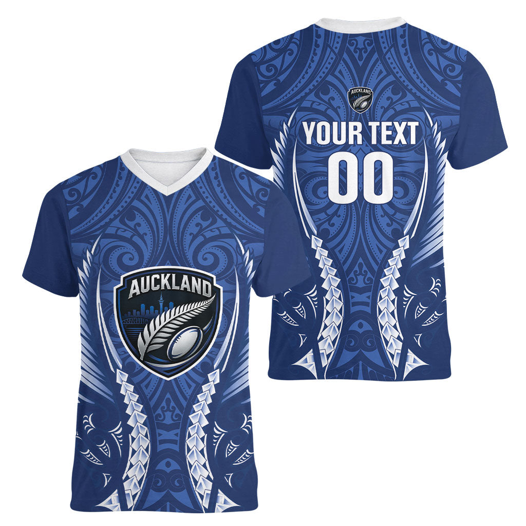 Auckland 2026 Rugby Custom Women V-Neck T-Shirt NZ Maori Silver Fern LT14 - Polynesian Pride