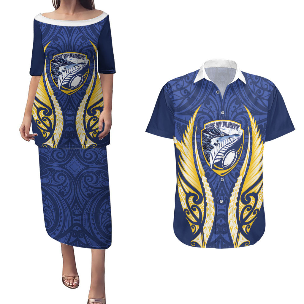 Bay of Plenty 2026 Rugby Custom Couples Matching Puletasi and Hawaiian Shirt NZ Maori Silver Fern LT14 Blue - Polynesian Pride