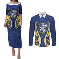 Bay of Plenty 2026 Rugby Custom Couples Matching Puletasi and Long Sleeve Button Shirt NZ Maori Silver Fern LT14 Blue - Polynesian Pride