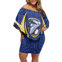 Bay of Plenty 2026 Rugby Custom Family Matching Off Shoulder Short Dress and Hawaiian Shirt NZ Maori Silver Fern LT14 Mom's Dress Blue - Polynesian Pride