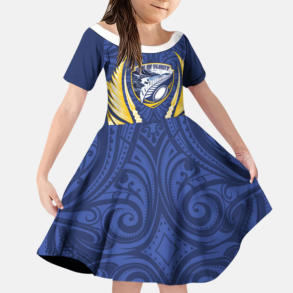 Bay of Plenty 2026 Rugby Custom Family Matching Puletasi and Hawaiian Shirt NZ Maori Silver Fern LT14 Daughter's Dress Blue - Polynesian Pride