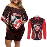 Canterbury 2026 Rugby Custom Couples Matching Off Shoulder Short Dress and Long Sleeve Button Shirt NZ Maori Silver Fern LT14 Red - Polynesian Pride
