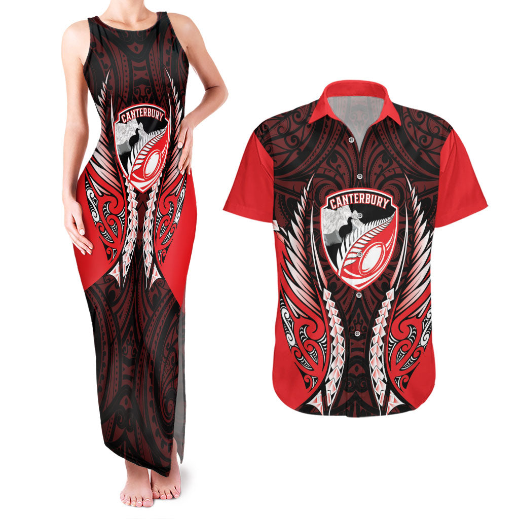 Canterbury 2026 Rugby Custom Couples Matching Tank Maxi Dress and Hawaiian Shirt NZ Maori Silver Fern LT14 Red - Polynesian Pride