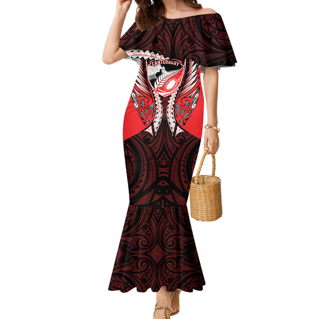 Canterbury 2026 Rugby Custom Family Matching Mermaid Dress and Hawaiian Shirt NZ Maori Silver Fern LT14 Mom's Dress Red - Polynesian Pride