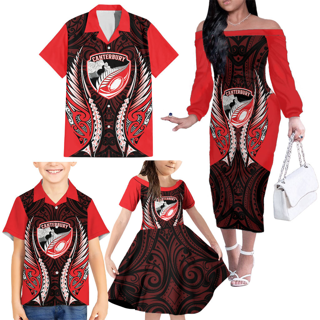 Canterbury 2026 Rugby Custom Family Matching Off The Shoulder Long Sleeve Dress and Hawaiian Shirt NZ Maori Silver Fern