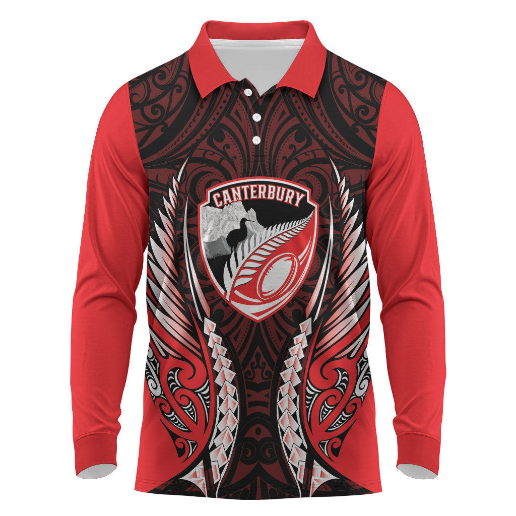 Canterbury 2026 Rugby Custom Long Sleeve Polo Shirt NZ Maori Silver Fern LT14 Red - Polynesian Pride