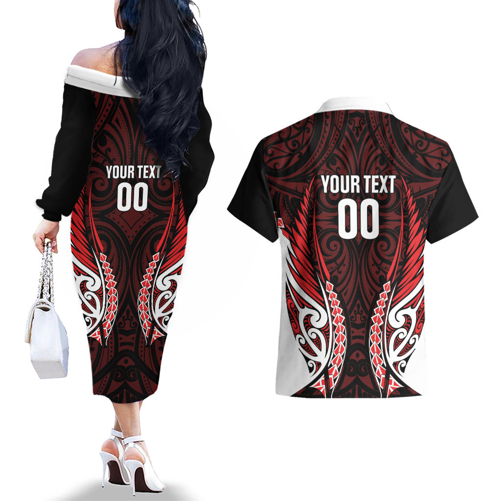 Counties Manukau 2026 Rugby Custom Couples Matching Off The Shoulder Long Sleeve Dress and Hawaiian Shirt NZ Maori Silver Fern LT14 - Polynesian Pride