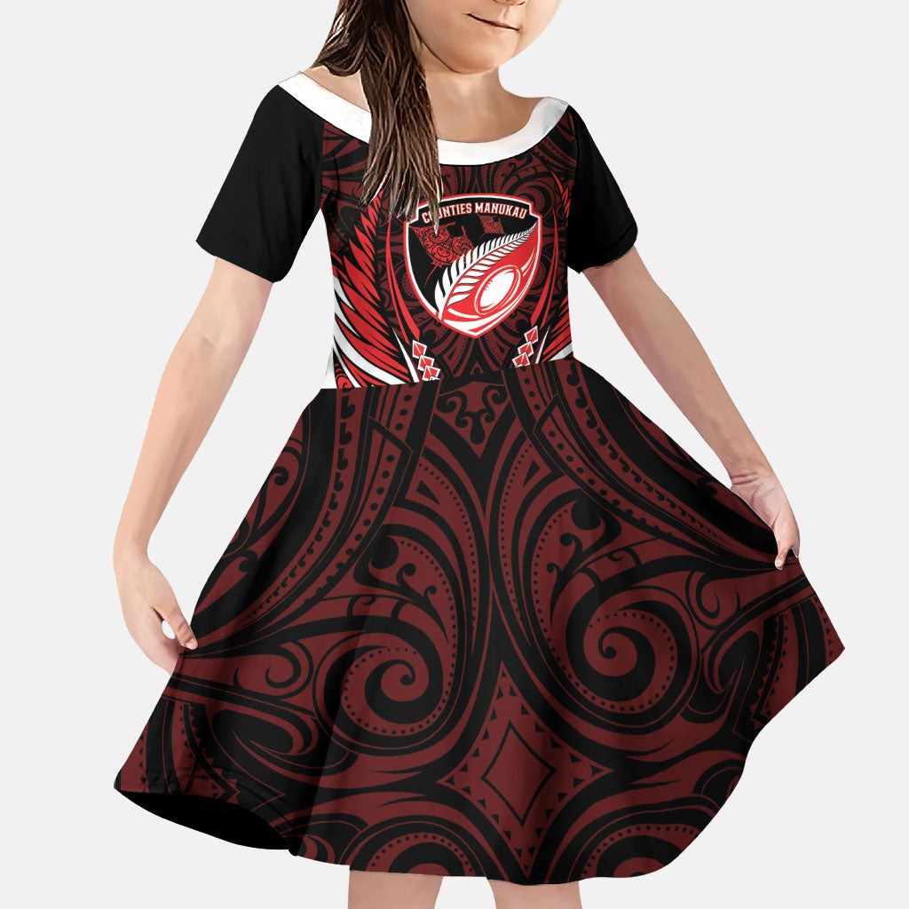 Counties Manukau 2026 Rugby Custom Family Matching Off Shoulder Short Dress and Hawaiian Shirt NZ Maori Silver Fern LT14 Daughter's Dress Red - Polynesian Pride