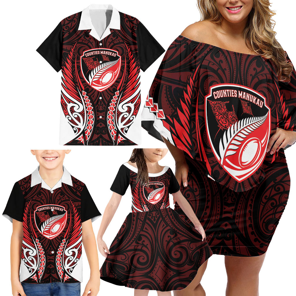 Counties Manukau 2026 Rugby Custom Family Matching Off Shoulder Short Dress and Hawaiian Shirt NZ Maori Silver Fern LT14 - Polynesian Pride