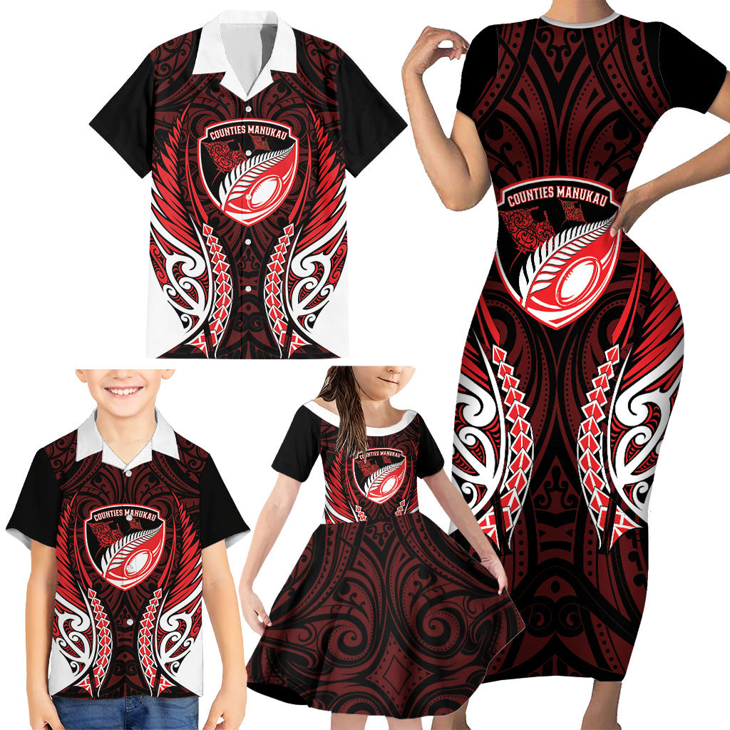 Counties Manukau 2026 Rugby Custom Family Matching Short Sleeve Bodycon Dress and Hawaiian Shirt NZ Maori Silver Fern