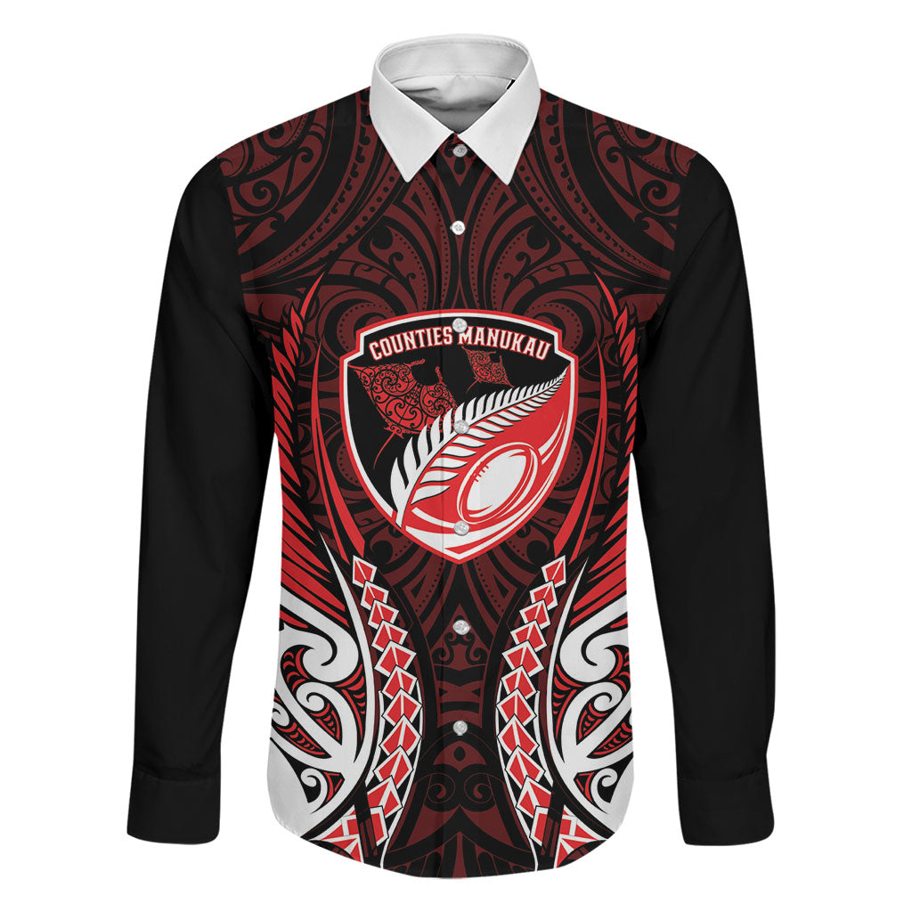Counties Manukau 2026 Rugby Custom Family Matching Summer Maxi Dress and Hawaiian Shirt NZ Maori Silver Fern LT14 Dad's Shirt - Long Sleeve Red - Polynesian Pride