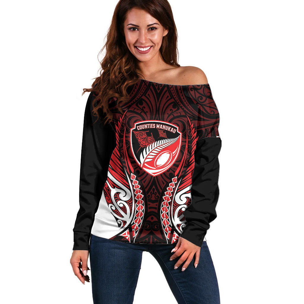Counties Manukau 2026 Rugby Custom Off Shoulder Sweater NZ Maori Silver Fern LT14 Women Red - Polynesian Pride