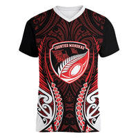 Counties Manukau 2026 Rugby Custom Women V-Neck T-Shirt NZ Maori Silver Fern LT14 Female Red - Polynesian Pride