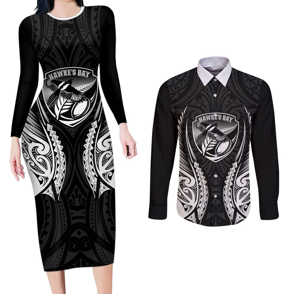 Hawke's Bay 2026 Rugby Custom Couples Matching Long Sleeve Bodycon Dress and Long Sleeve Button Shirt NZ Maori Silver Fern LT14 Black - Polynesian Pride