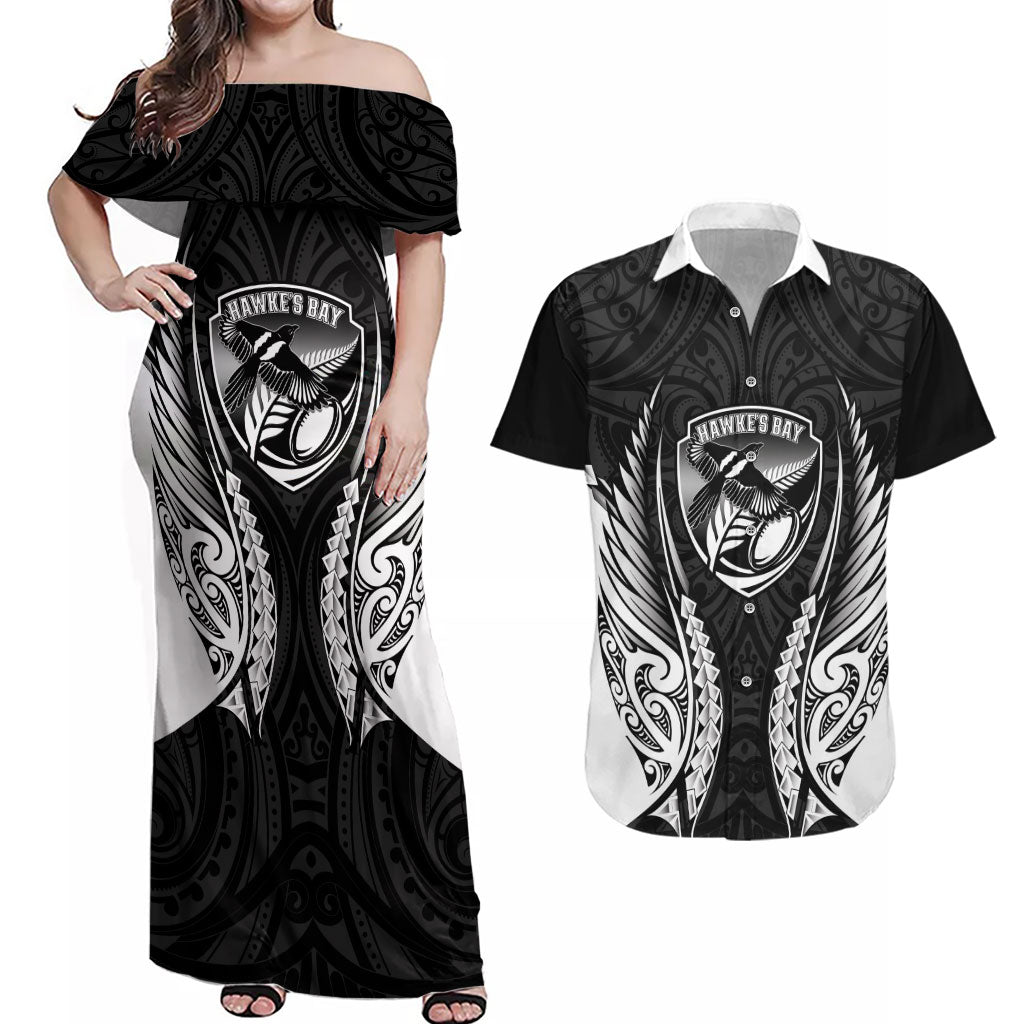 Hawke's Bay 2026 Rugby Custom Couples Matching Off Shoulder Maxi Dress and Hawaiian Shirt NZ Maori Silver Fern LT14 Black - Polynesian Pride