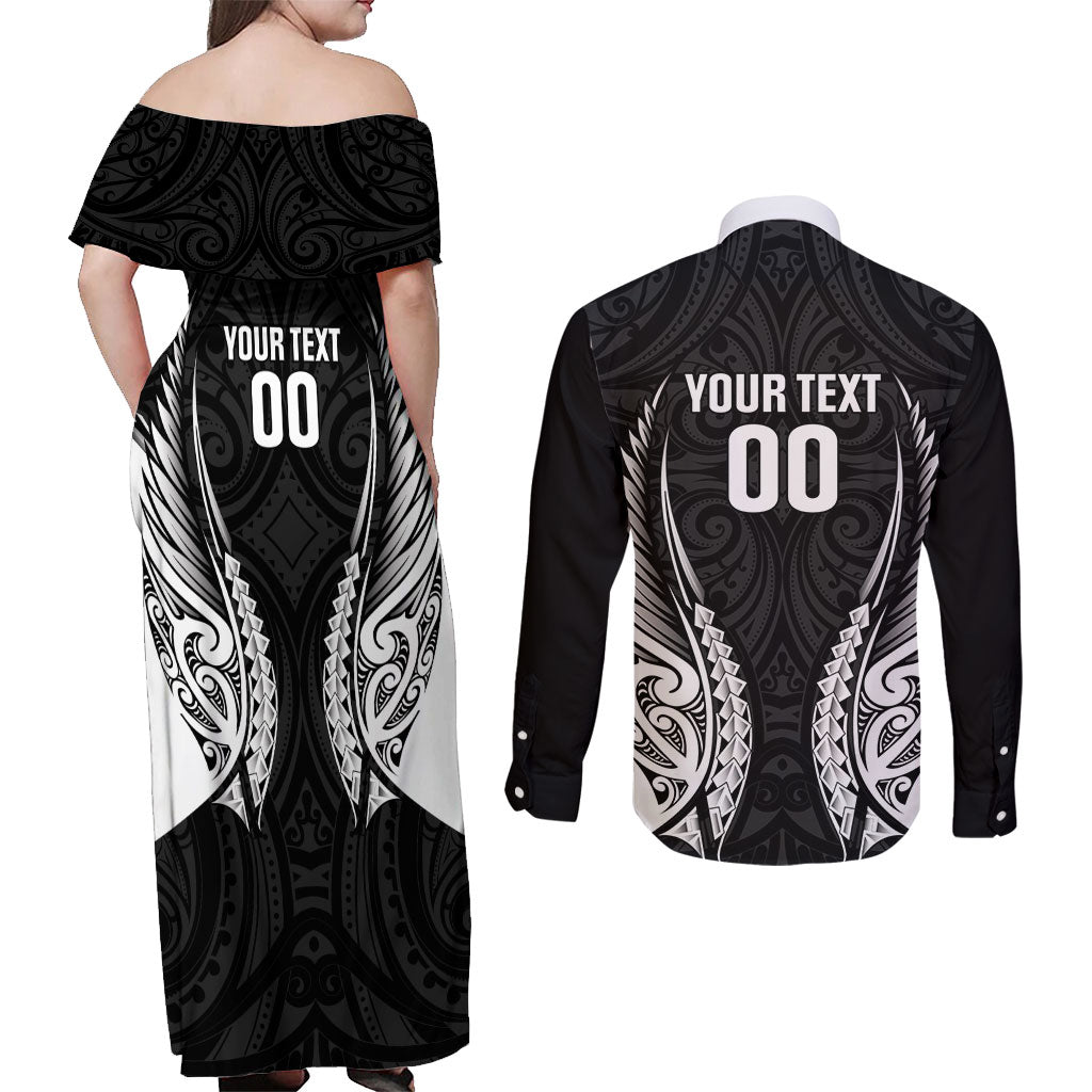 Hawke's Bay 2026 Rugby Custom Couples Matching Off Shoulder Maxi Dress and Long Sleeve Button Shirt NZ Maori Silver Fern LT14 - Polynesian Pride