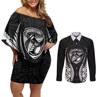 Hawke's Bay 2026 Rugby Custom Couples Matching Off Shoulder Short Dress and Long Sleeve Button Shirt NZ Maori Silver Fern LT14 Black - Polynesian Pride