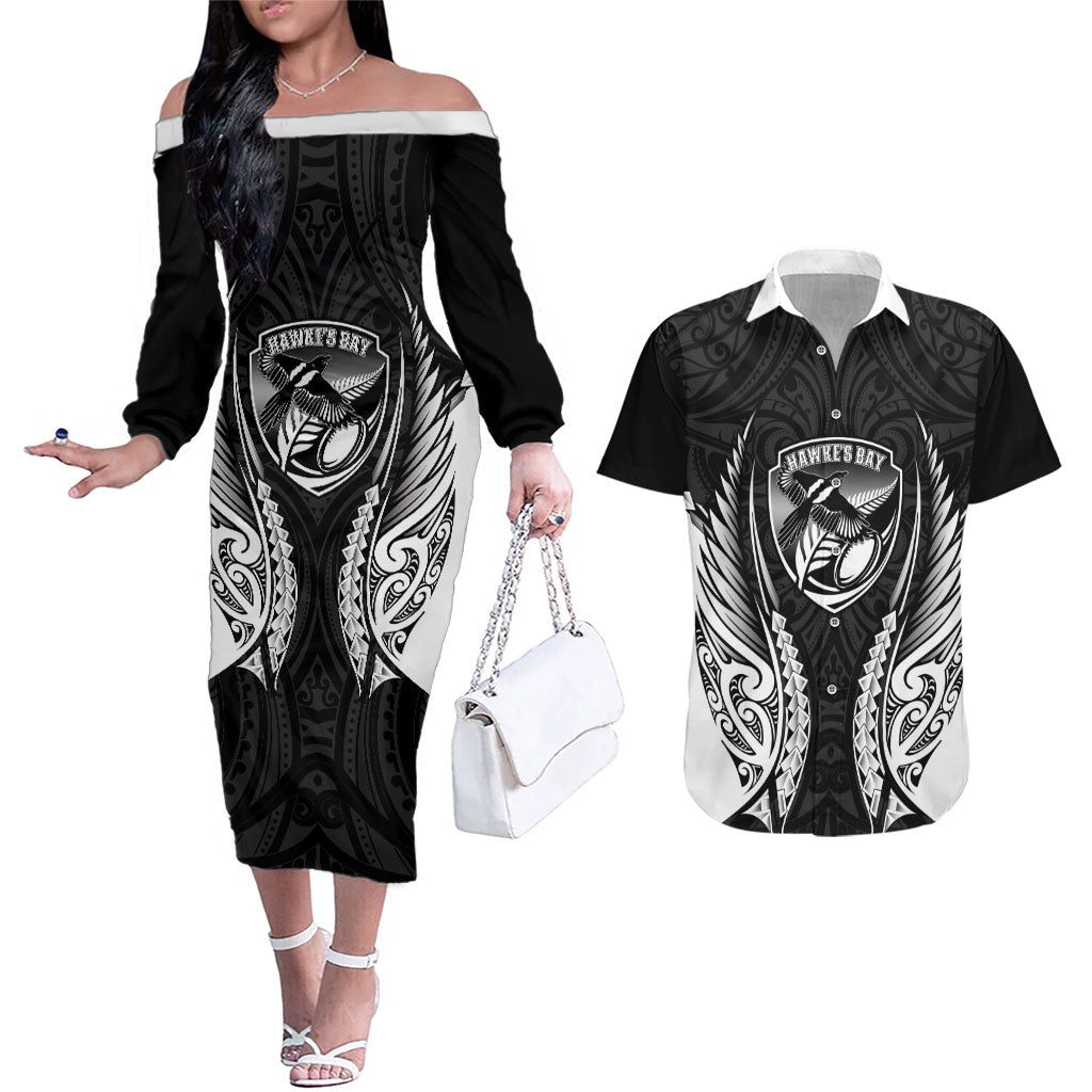Hawke's Bay 2026 Rugby Custom Couples Matching Off The Shoulder Long Sleeve Dress and Hawaiian Shirt NZ Maori Silver Fern LT14 Black - Polynesian Pride