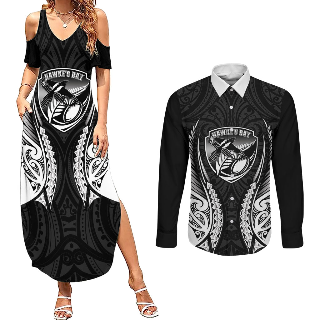 Hawke's Bay 2026 Rugby Custom Couples Matching Summer Maxi Dress and Long Sleeve Button Shirt NZ Maori Silver Fern LT14 Black - Polynesian Pride