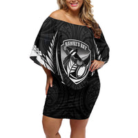 Hawke's Bay 2026 Rugby Custom Family Matching Off Shoulder Short Dress and Hawaiian Shirt NZ Maori Silver Fern LT14 Mom's Dress Black - Polynesian Pride