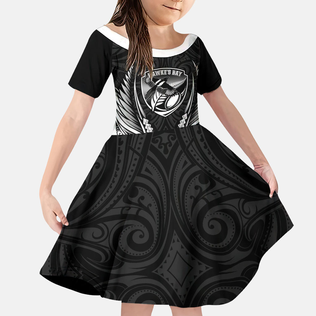 Hawke's Bay 2026 Rugby Custom Family Matching Summer Maxi Dress and Hawaiian Shirt NZ Maori Silver Fern LT14 Daughter's Dress Black - Polynesian Pride