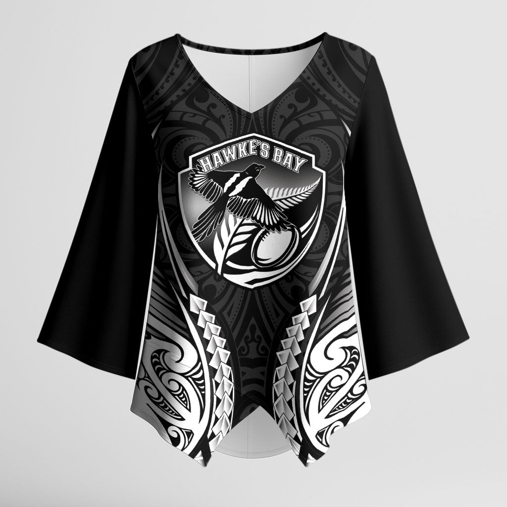Hawke's Bay 2026 Rugby Custom Kimono Sleeve Blouse NZ Maori Silver Fern LT14 Female Black - Polynesian Pride