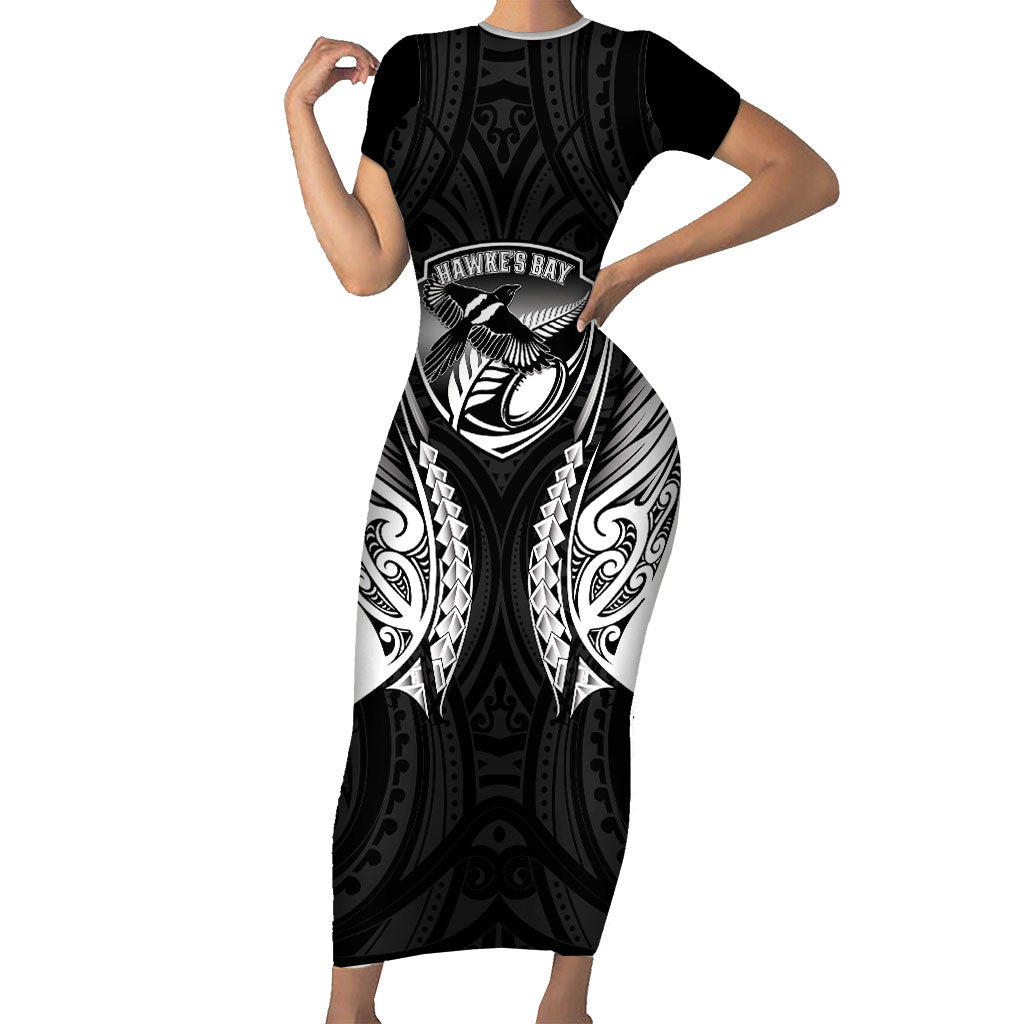 Hawke's Bay 2026 Rugby Custom Short Sleeve Bodycon Dress NZ Maori Silver Fern LT14 Long Dress Black - Polynesian Pride