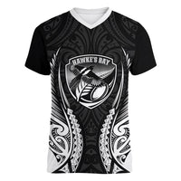 Hawke's Bay 2026 Rugby Custom Women V-Neck T-Shirt NZ Maori Silver Fern LT14 Female Black - Polynesian Pride