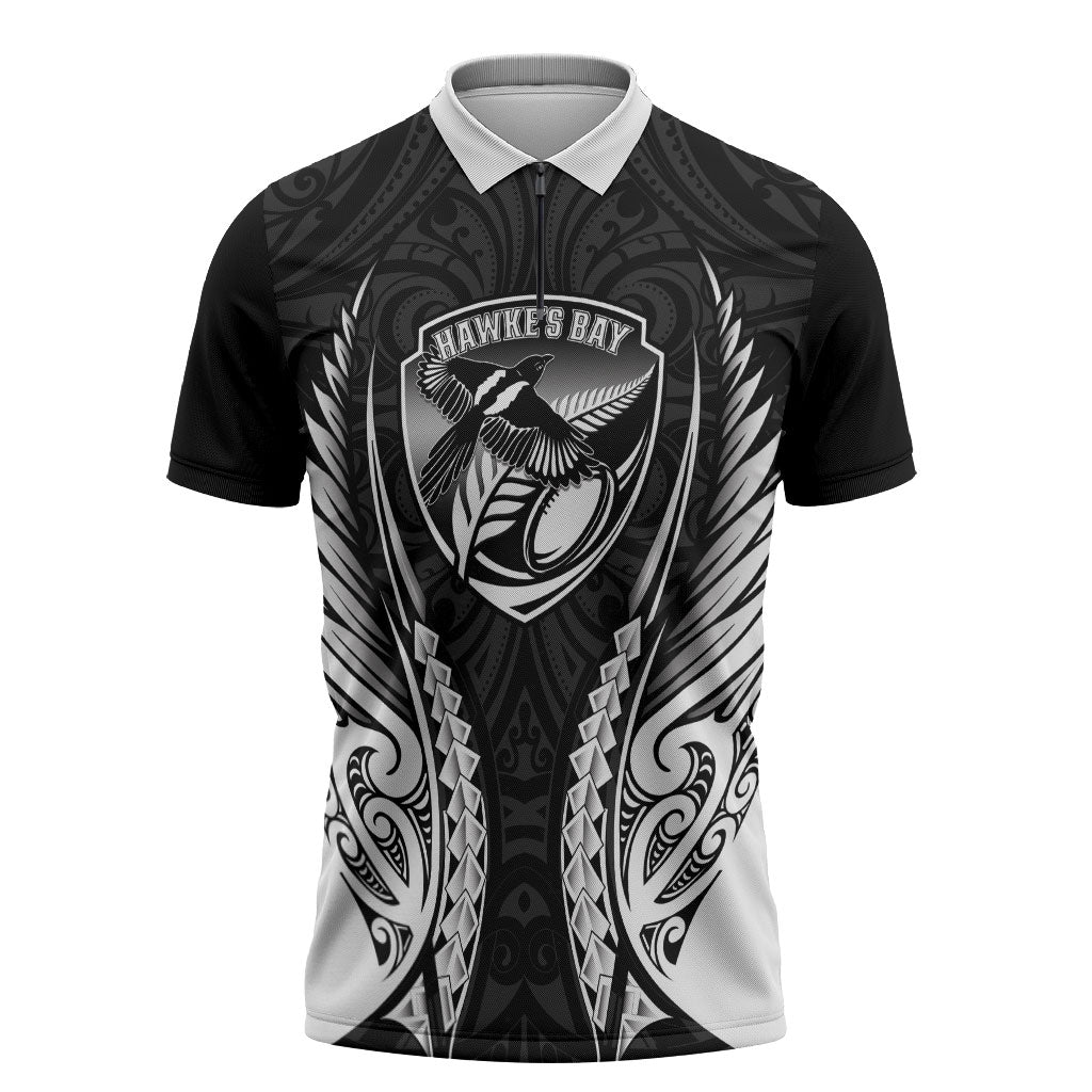 Hawke's Bay 2026 Rugby Custom Zipper Polo Shirt NZ Maori Silver Fern LT14 Black - Polynesian Pride