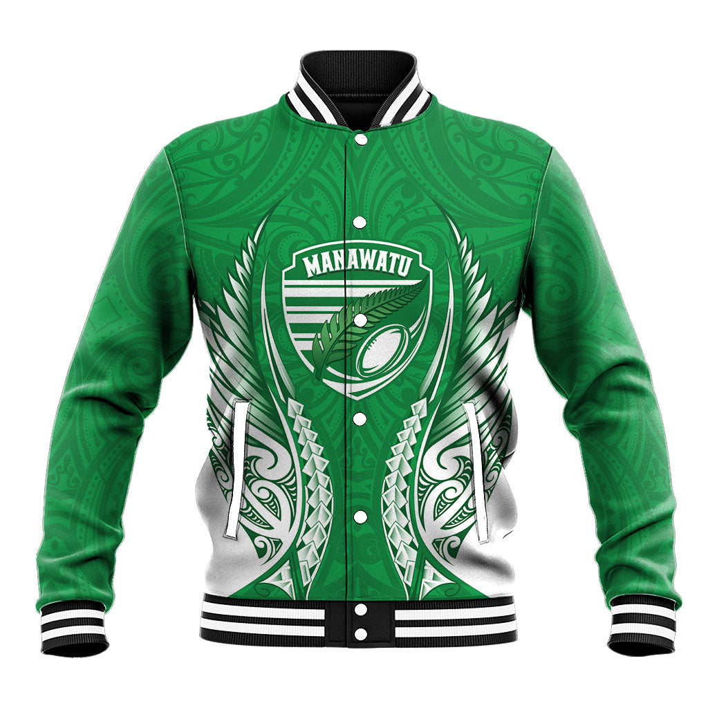 Manawatu 2026 Rugby Custom Baseball Jacket NZ Maori Silver Fern LT14 Unisex Green - Polynesian Pride