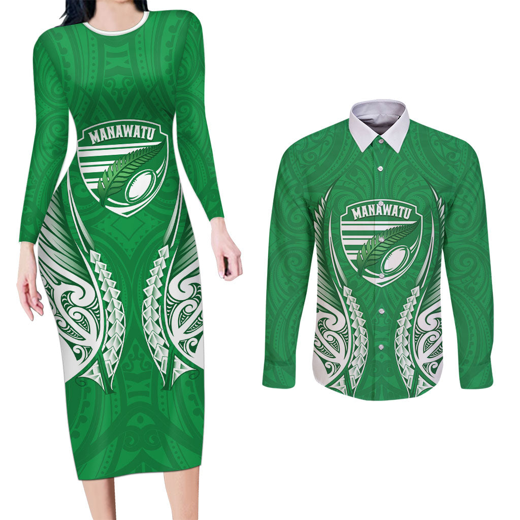 Manawatu 2026 Rugby Custom Couples Matching Long Sleeve Bodycon Dress and Long Sleeve Button Shirt NZ Maori Silver Fern LT14 Green - Polynesian Pride