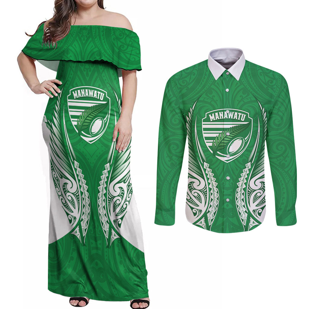 Manawatu 2026 Rugby Custom Couples Matching Off Shoulder Maxi Dress and Long Sleeve Button Shirt NZ Maori Silver Fern LT14 Green - Polynesian Pride