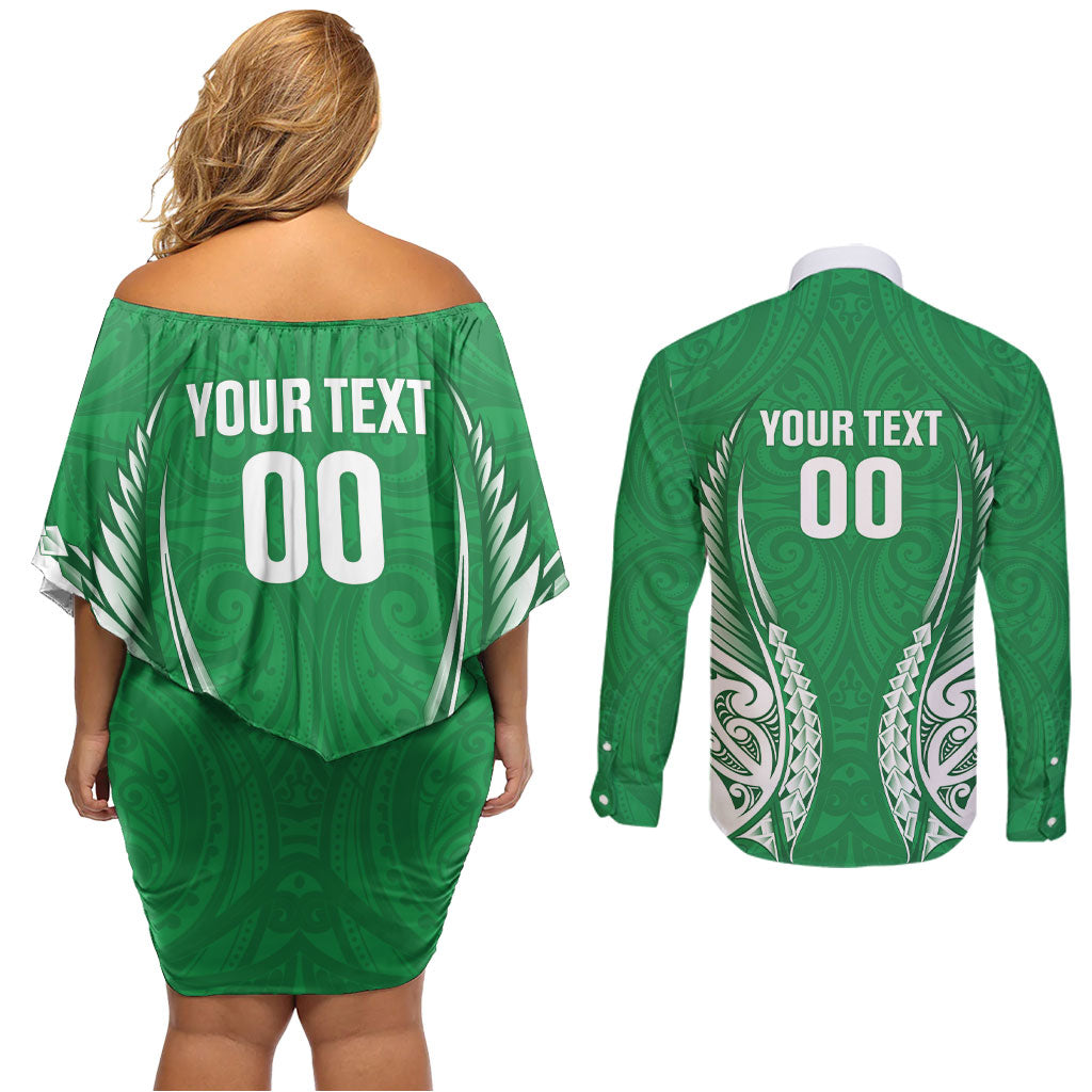 Manawatu 2026 Rugby Custom Couples Matching Off Shoulder Short Dress and Long Sleeve Button Shirt NZ Maori Silver Fern LT14 - Polynesian Pride