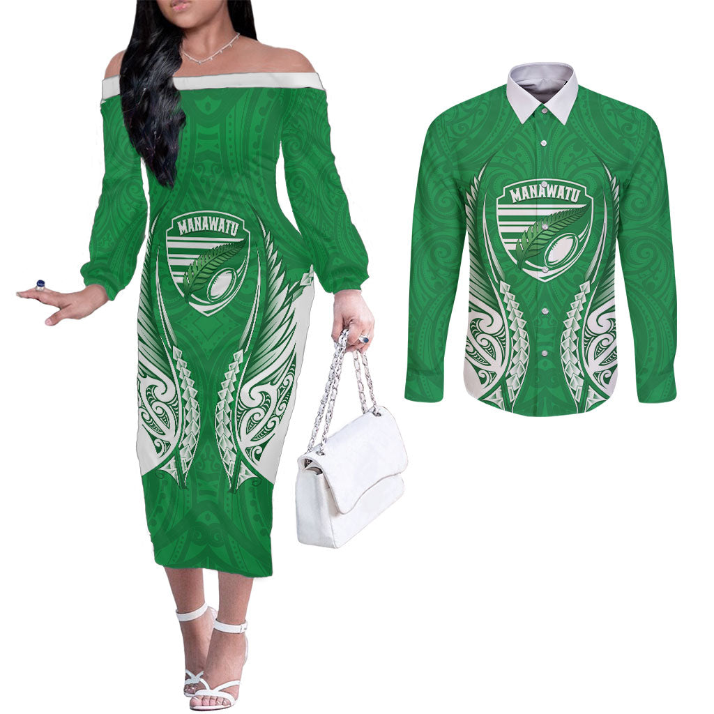 Manawatu 2026 Rugby Custom Couples Matching Off The Shoulder Long Sleeve Dress and Long Sleeve Button Shirt NZ Maori Silver Fern LT14 Green - Polynesian Pride