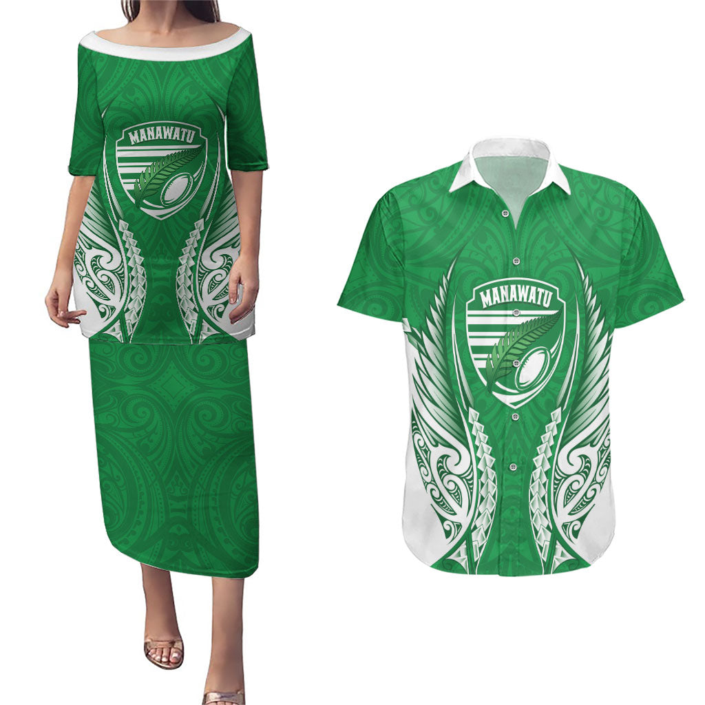 Manawatu 2026 Rugby Custom Couples Matching Puletasi and Hawaiian Shirt NZ Maori Silver Fern LT14 Green - Polynesian Pride
