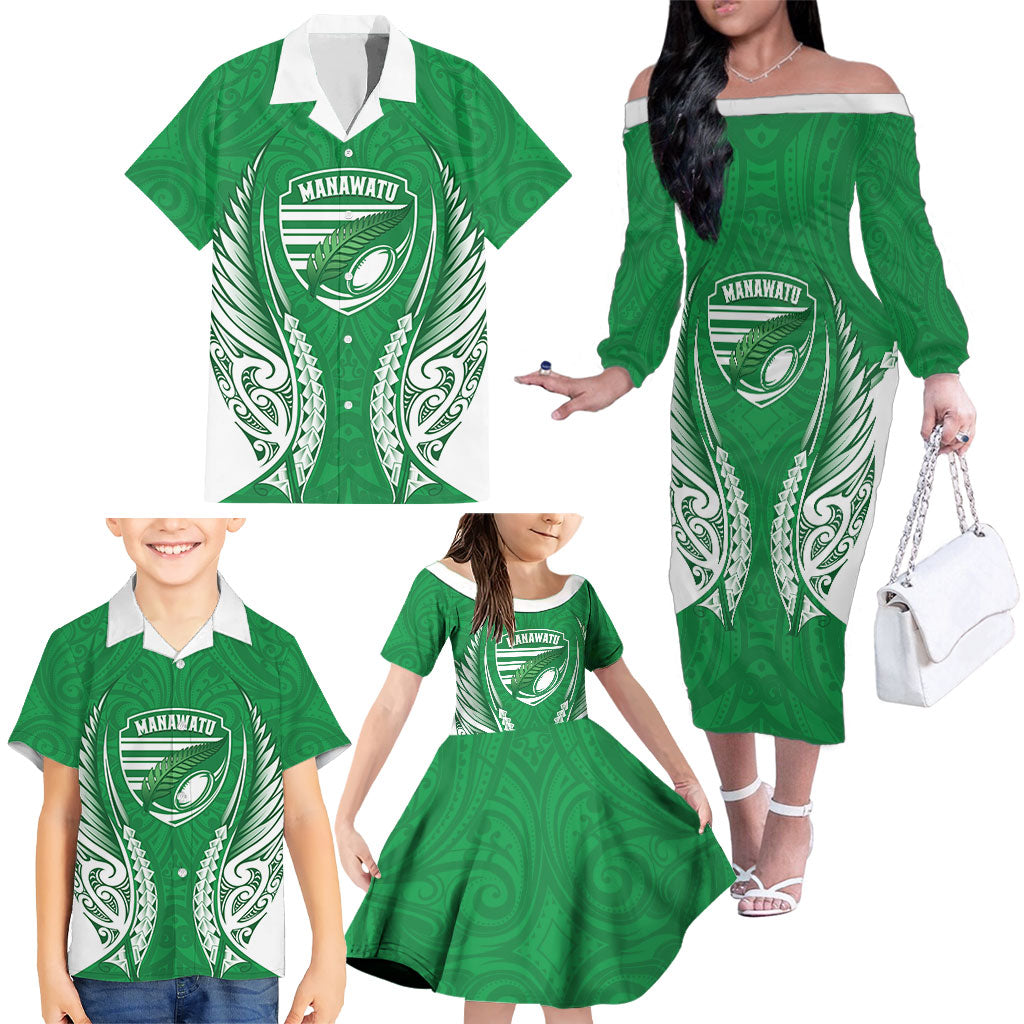 Manawatu 2026 Rugby Custom Family Matching Off The Shoulder Long Sleeve Dress and Hawaiian Shirt NZ Maori Silver Fern LT14 - Polynesian Pride