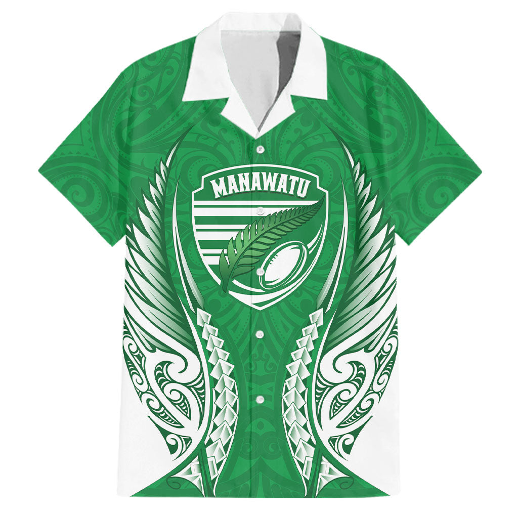 Manawatu 2026 Rugby Custom Family Matching Off Shoulder Maxi Dress and Hawaiian Shirt NZ Maori Silver Fern LT14 Dad's Shirt - Short Sleeve Green - Polynesian Pride