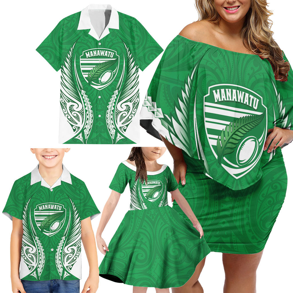 Manawatu 2026 Rugby Custom Family Matching Off Shoulder Short Dress and Hawaiian Shirt NZ Maori Silver Fern LT14 - Polynesian Pride