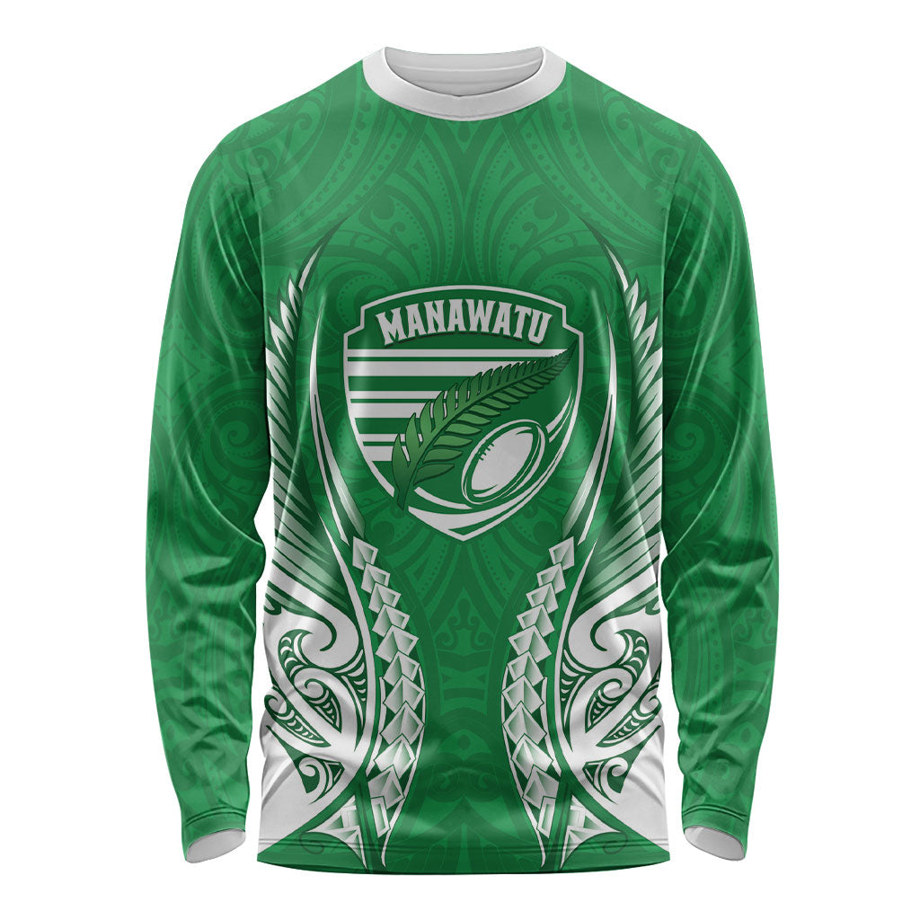 Manawatu 2026 Rugby Custom Long Sleeve Shirt NZ Maori Silver Fern LT14 Unisex Green - Polynesian Pride