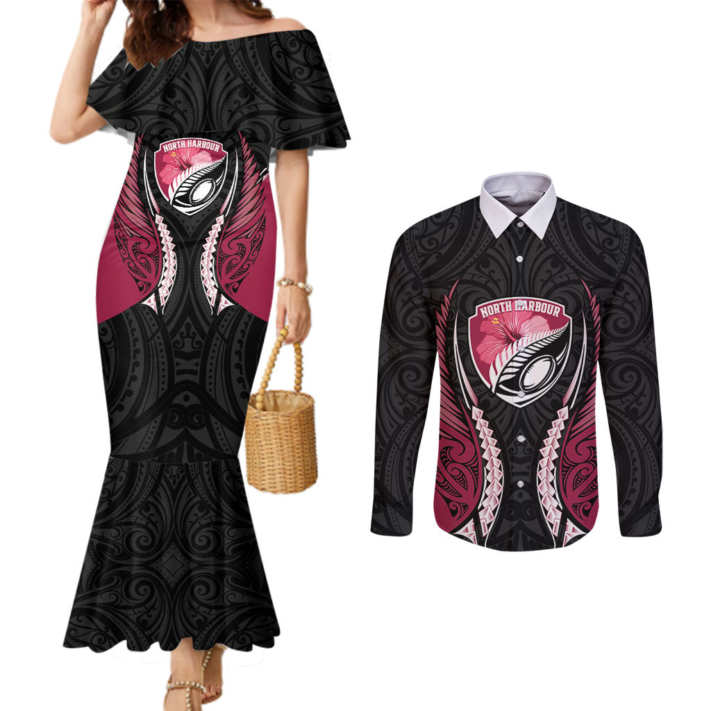 North Harbour 2026 Rugby Custom Couples Matching Mermaid Dress and Long Sleeve Button Shirt NZ Maori Silver Fern LT14 Maroon - Polynesian Pride