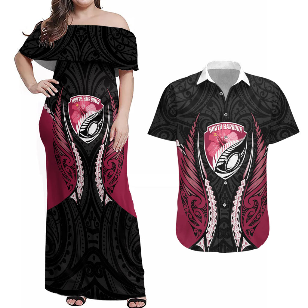 North Harbour 2026 Rugby Custom Couples Matching Off Shoulder Maxi Dress and Hawaiian Shirt NZ Maori Silver Fern LT14 Maroon - Polynesian Pride