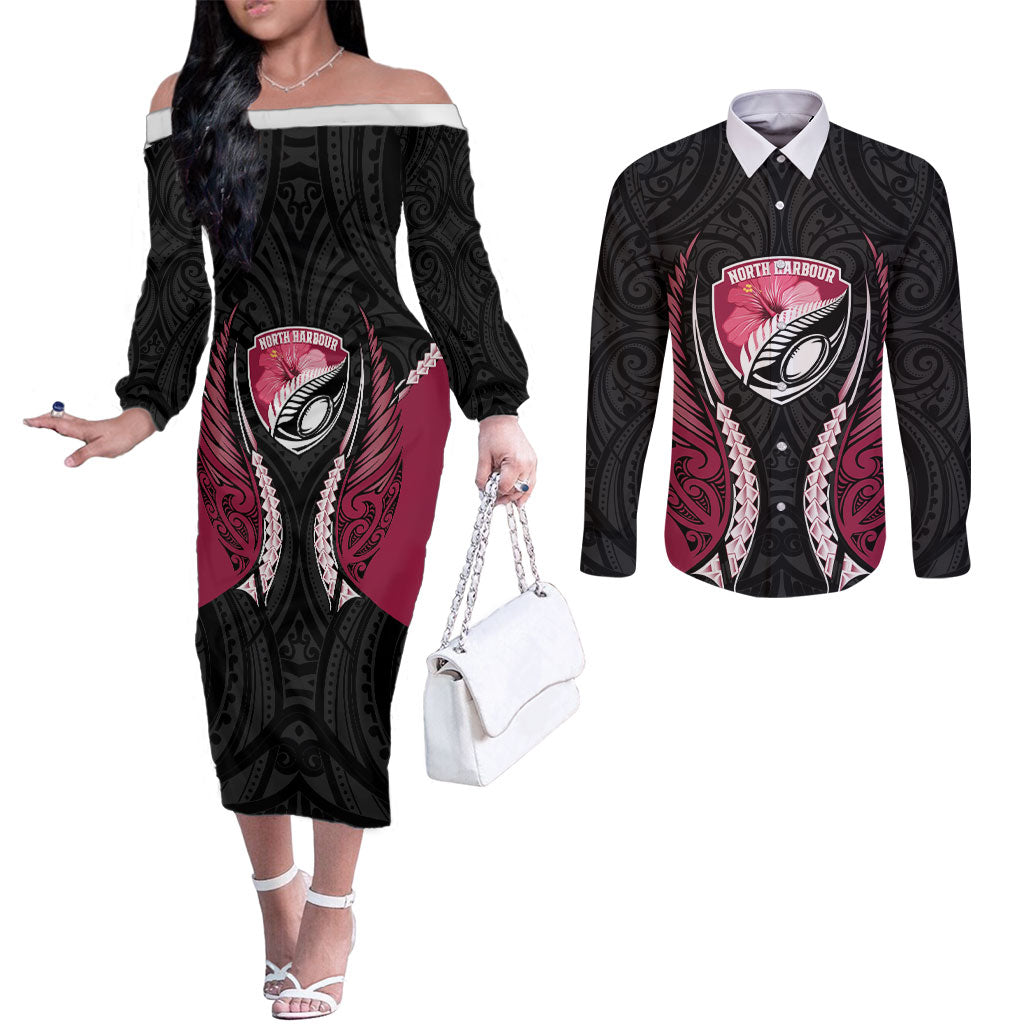 North Harbour 2026 Rugby Custom Couples Matching Off The Shoulder Long Sleeve Dress and Long Sleeve Button Shirt NZ Maori Silver Fern LT14 Maroon - Polynesian Pride