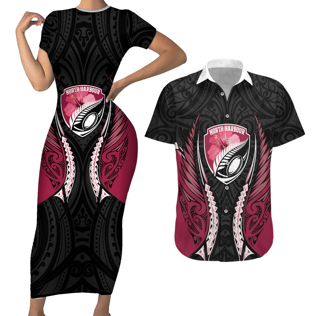 North Harbour 2026 Rugby Custom Couples Matching Short Sleeve Bodycon Dress and Hawaiian Shirt NZ Maori Silver Fern LT14 Maroon - Polynesian Pride