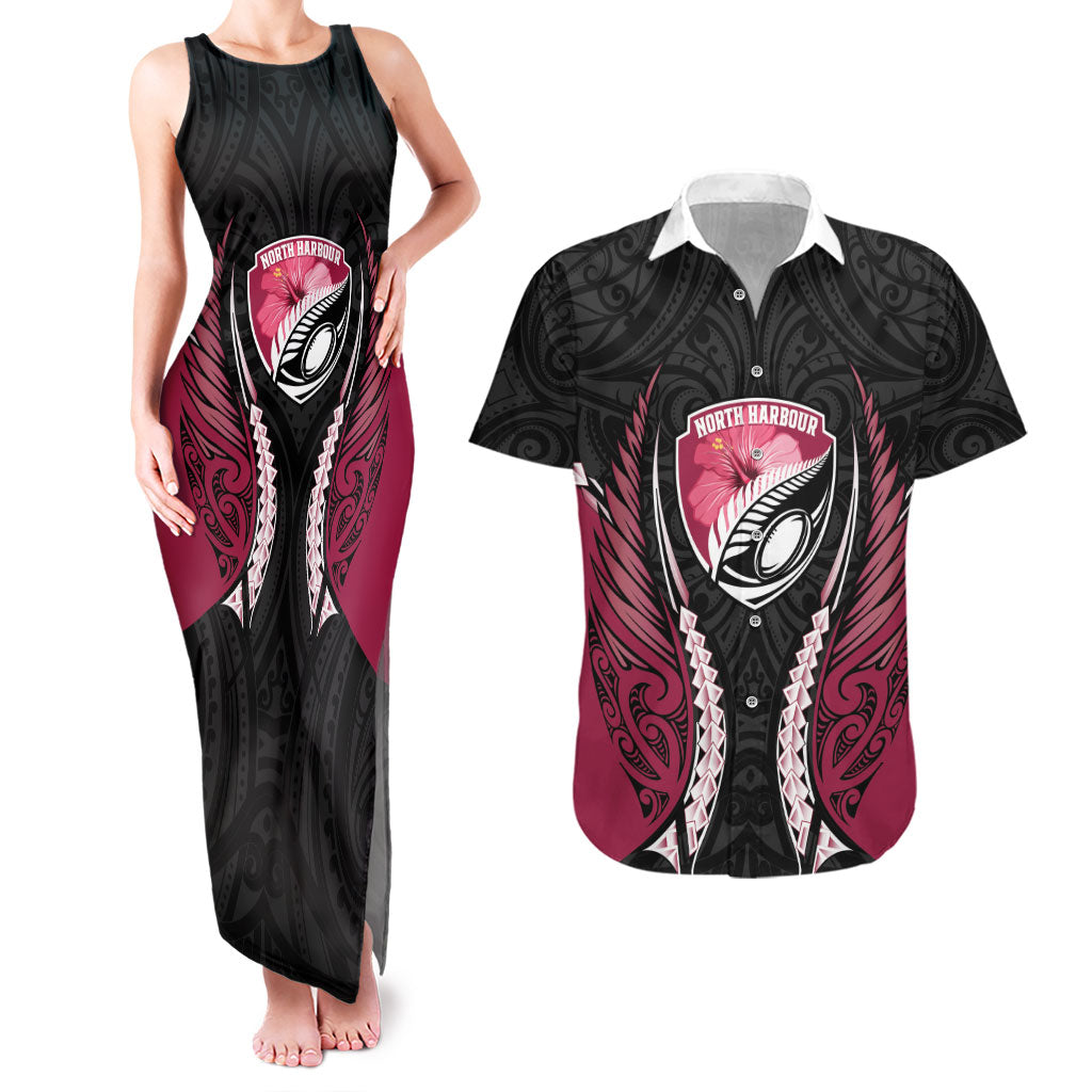 North Harbour 2026 Rugby Custom Couples Matching Tank Maxi Dress and Hawaiian Shirt NZ Maori Silver Fern LT14 Maroon - Polynesian Pride
