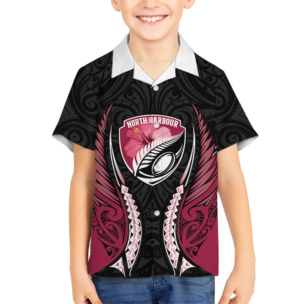 North Harbour 2026 Rugby Custom Family Matching Off The Shoulder Long Sleeve Dress and Hawaiian Shirt NZ Maori Silver Fern LT14 Son's Shirt Maroon - Polynesian Pride