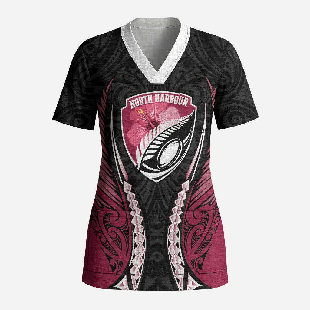 North Harbour 2026 Rugby Custom Scrub Top NZ Maori Silver Fern LT14 Adult Maroon - Polynesian Pride
